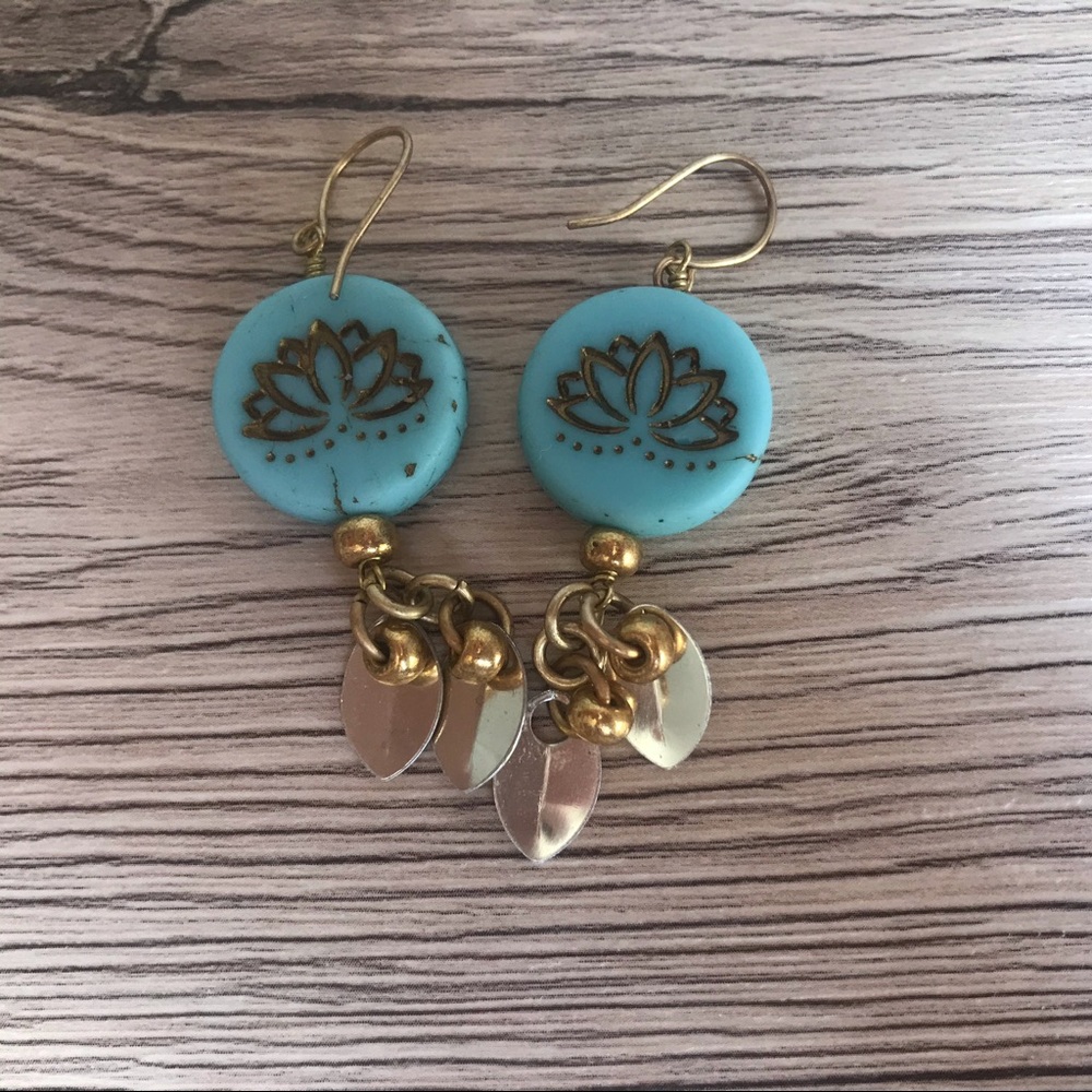 Lotus flower carved on turquoise earrings